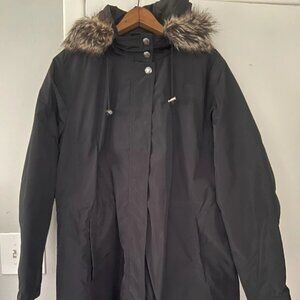 Lands' End Women's Black Insulated Parka Jacket Coat Fur Trim Size Large 14-16